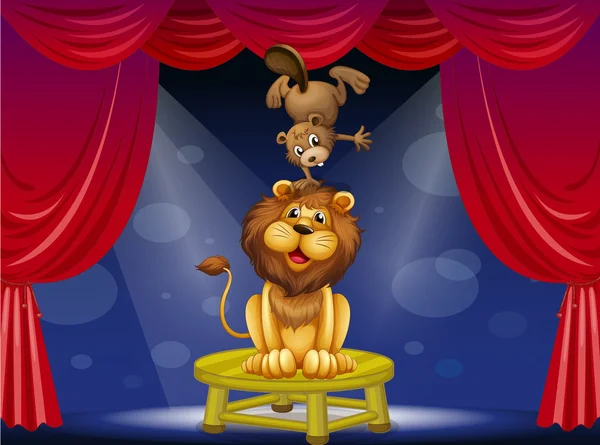 一只狮子和一只海狸在舞台上表演 — 图库矢量图片