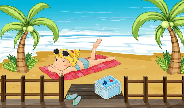 Uma mulher tomando banho de sol na praia — Vetor de Stock
