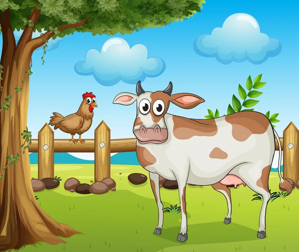 A cow, a hen and a beautiful landscape — Stock Vector