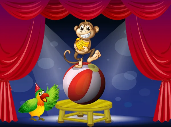 猴子站在球和一只鸟 — 图库矢量图片