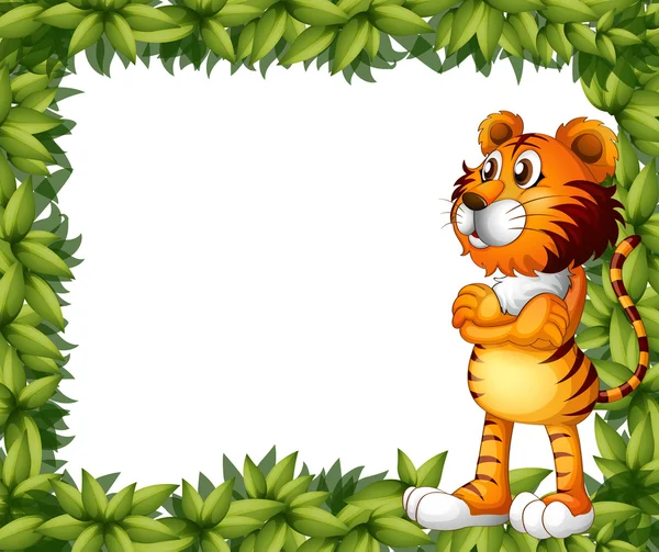 微笑着的老虎和植物帧 — 图库矢量图片