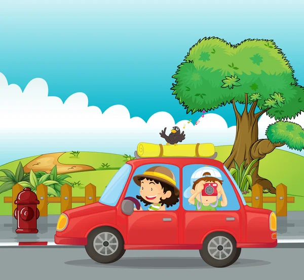 Un niño y una niña en un coche — Vector de stock