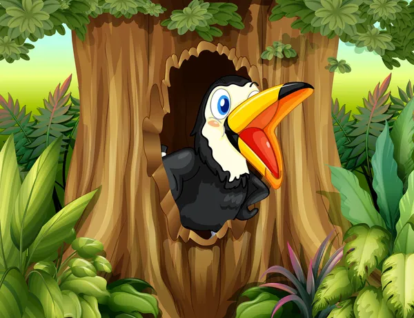 Un pájaro en un hueco de árbol — Vector de stock
