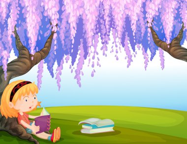 A girl reading a book at the park clipart
