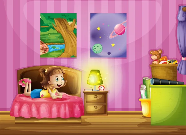 Una niña dentro de su colorida habitación — Vector de stock
