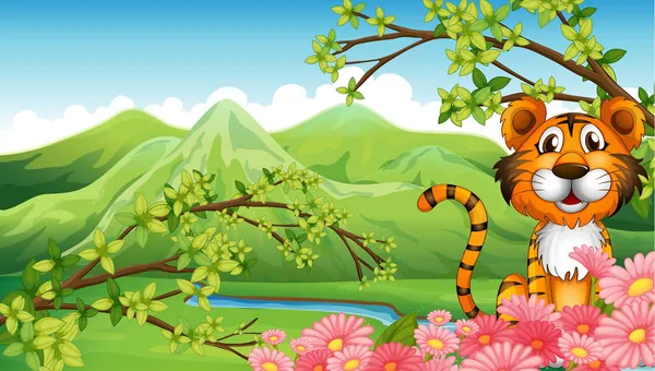 Een tijger in de buurt van de bloemen in de bergen — Stockvector