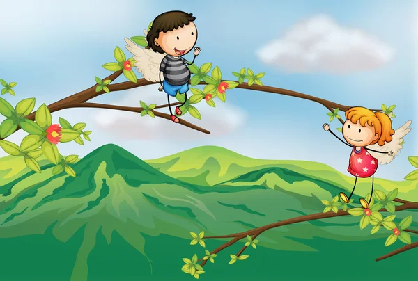 Ein Mädchen und ein Junge an einem Ast eines Baumes — Stockvektor