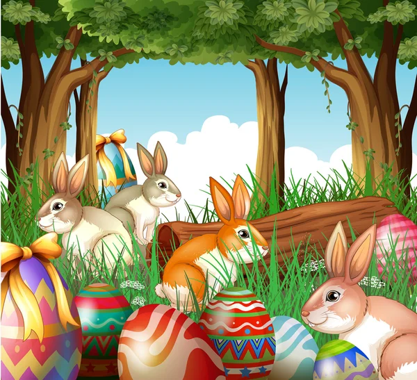 Paskalya yumurtaları ve bunnies grubu — Stok Vektör