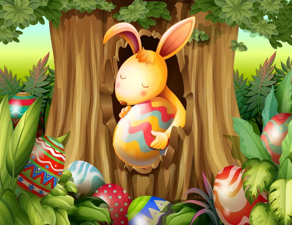 Um coelho dentro do buraco de uma árvore cercada de ovos — Vetor de Stock