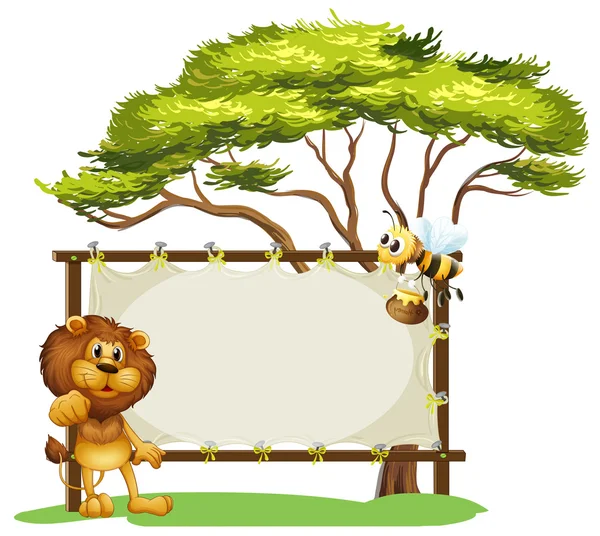 Ένα λιοντάρι και μια μέλισσα κοντά σε ένα μεγάλο δέντρο — Διανυσματικό Αρχείο