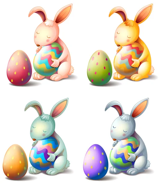Quattro conigli con uova di Pasqua — Vettoriale Stock