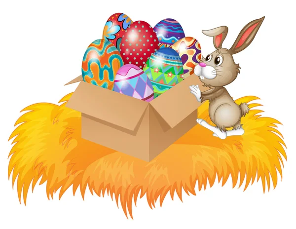 Un coniglietto che spinge una scatola piena di uova di Pasqua — Vettoriale Stock
