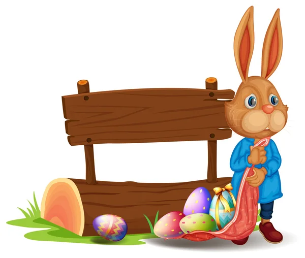 Un conejo cerca de un letrero de madera con huevos — Vector de stock