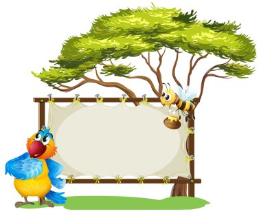 bir papağan ve boş bir tabela yakınındaki bir arı