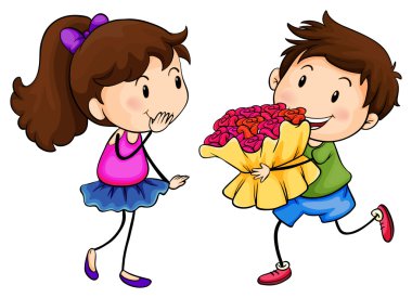 bir buket çiçek ile bir çocuk