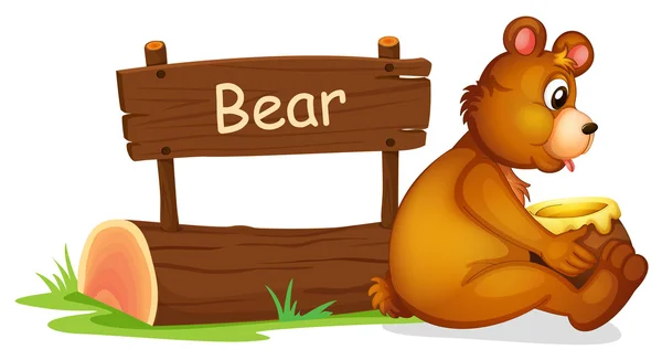 A bear sitting beside a wooden signage — Stock Vector