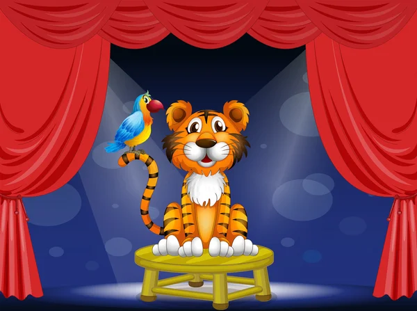 Un tigre y un loro en el circo — Vector de stock