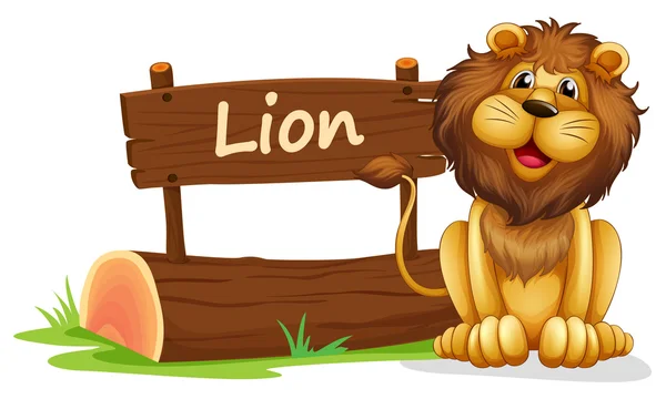 A lion near a wooden signage — Stock Vector