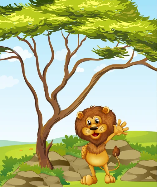 Um leão ao lado de uma árvore grande — Vetor de Stock