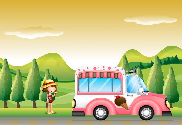 A pink ice cream bus and the little girl — Stock Vector