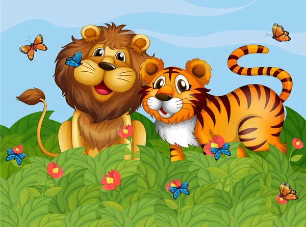 Lev, tygr a motýli v zahradě — Stockový vektor