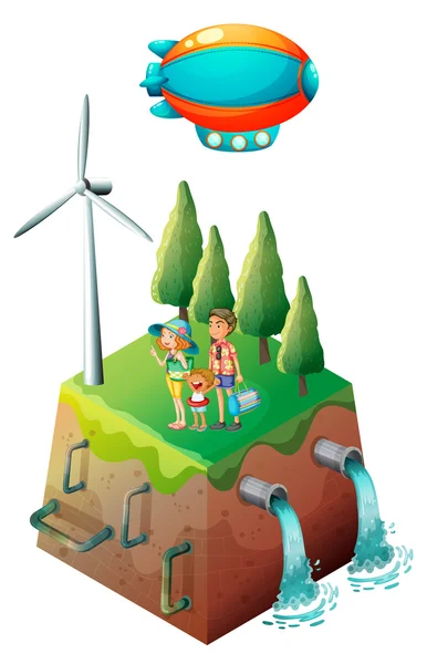 Une famille près d'un moulin à vent — Image vectorielle