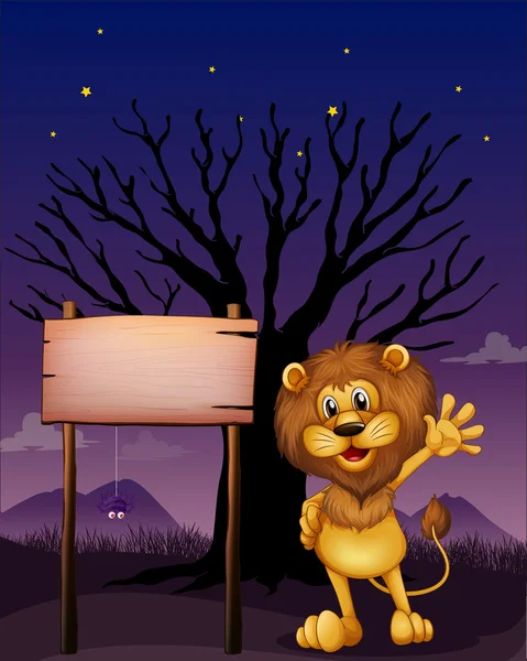 A lion waving beside an empty board — Stock Vector