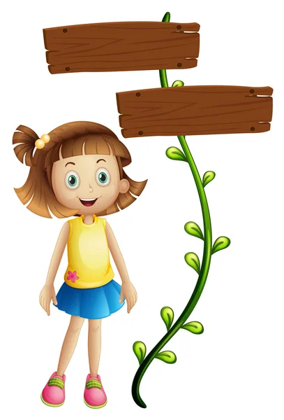 A girl at the back of a two-plank signboard — Stock Vector