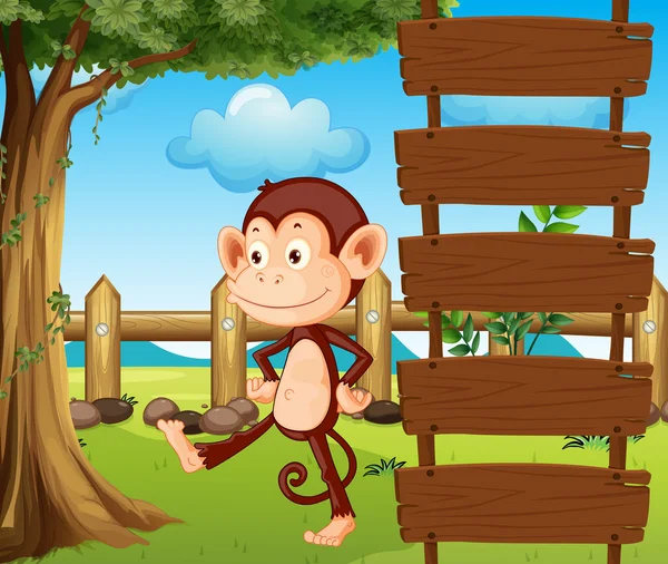 一只猴子在木制标牌旁边 — 图库矢量图片