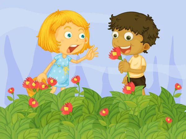 Kids picking up flowers in the garden — Stock Vector