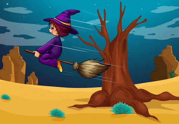 Uma bruxa montando uma vassoura — Vetor de Stock