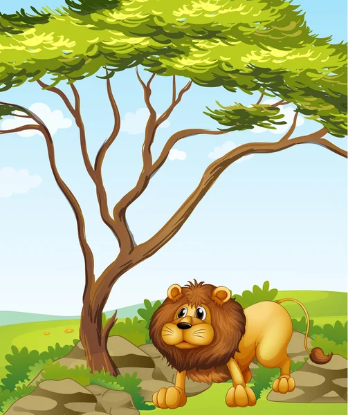 Egy oroszlán, egy nagy fa, a hegyek közelében — Stock Vector