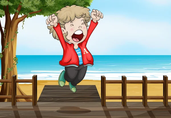 Um menino pulando feliz na ponte —  Vetores de Stock