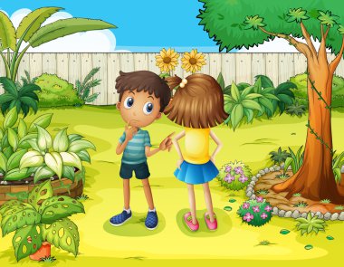 A boy and a girl arguing in the garden clipart