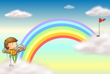 een engel golfen in de buurt van de regenboog