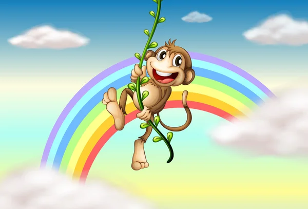 A monkey hanging on a vine plant near the rainbow — Stock Vector