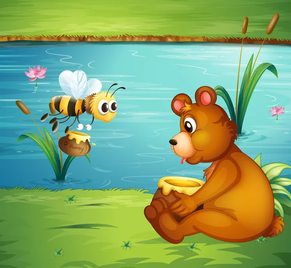 A bear and a bee at the riverbank — Stock Vector