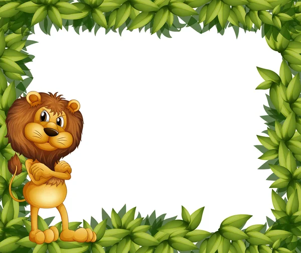 Un lion sur le côté gauche d'un cadre feuillu — Image vectorielle