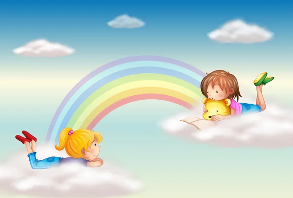 两个女孩沿彩虹 — 图库矢量图片