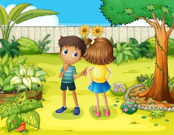 一个男孩和一个女孩在花园里争吵 — 图库矢量图片