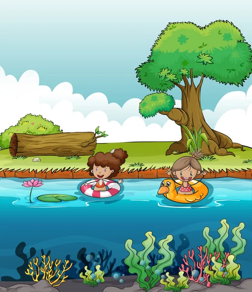 两个女孩在河 — 图库矢量图片