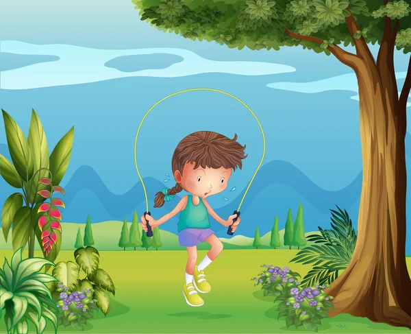 A girl playing jumping rope near the tree — Stock Vector