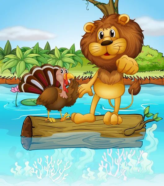Un lion et une dinde au-dessus d'un tronc flottant — Image vectorielle