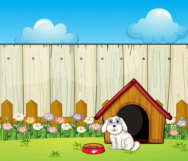 Un perro y la casa del perro dentro de la cerca — Vector de stock