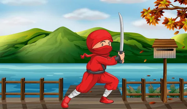 Czerwony ninja obok drewniane skrzynki pocztowej — Wektor stockowy