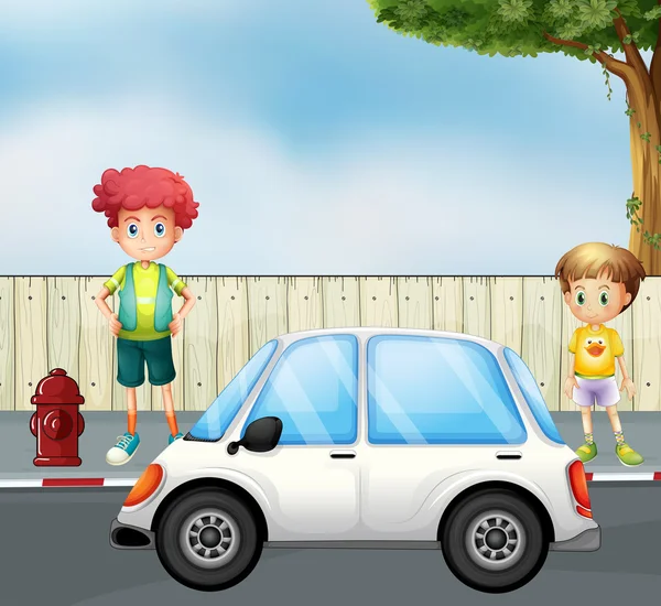 Un garçon et un enfant dans la rue avec une voiture — Image vectorielle
