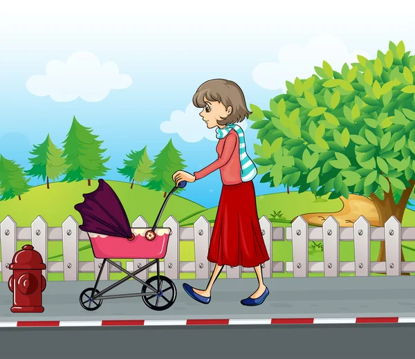A lady with a red skirt pushing a stroller — Stock Vector