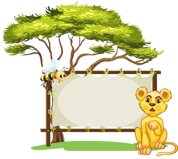 A young animal and a bee beside the empty signage — Stock Vector