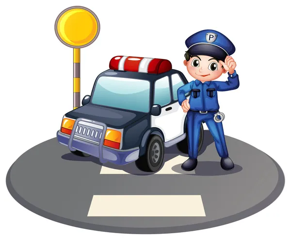 A patrol car and the policeman near the traffic light — Stock Vector