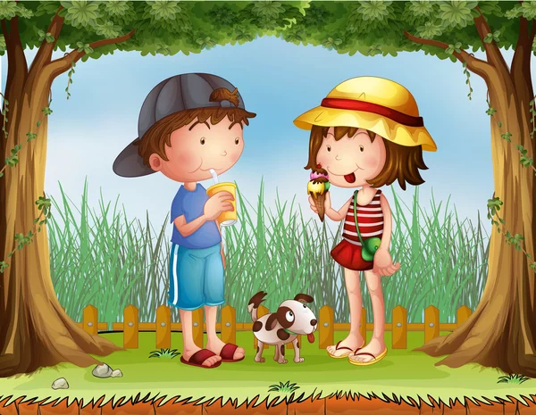 Un garçon avec un verre de jus et une fille avec une crème glacée — Image vectorielle